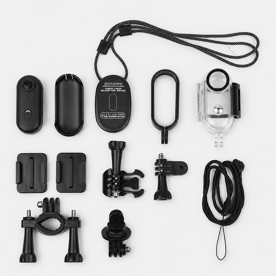 Alt: " 4K Mini WiFi Waterproof Action Camera – Wearable Body Cam product image – Acuvick " Premium 4K Mini WiFi Action Camera standard accessories including mounting clip, USB charging cable, user manual, and compatible installation components.