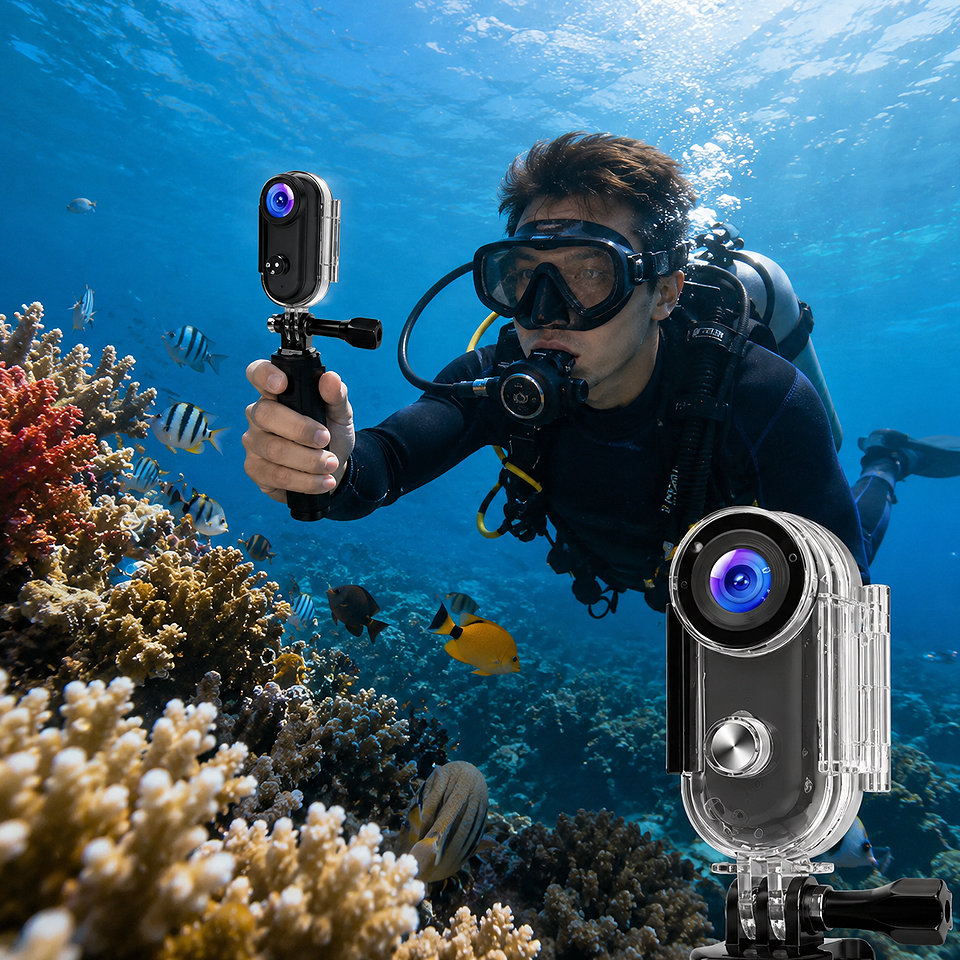 Alt: " 4K Mini WiFi Waterproof Action Camera – Wearable Body Cam product image – Acuvick " Premium 4K Mini WiFi Action Camera used as an underwater waterproof camera for diving, swimming, snorkelling, kayaking, and outdoor adventures.