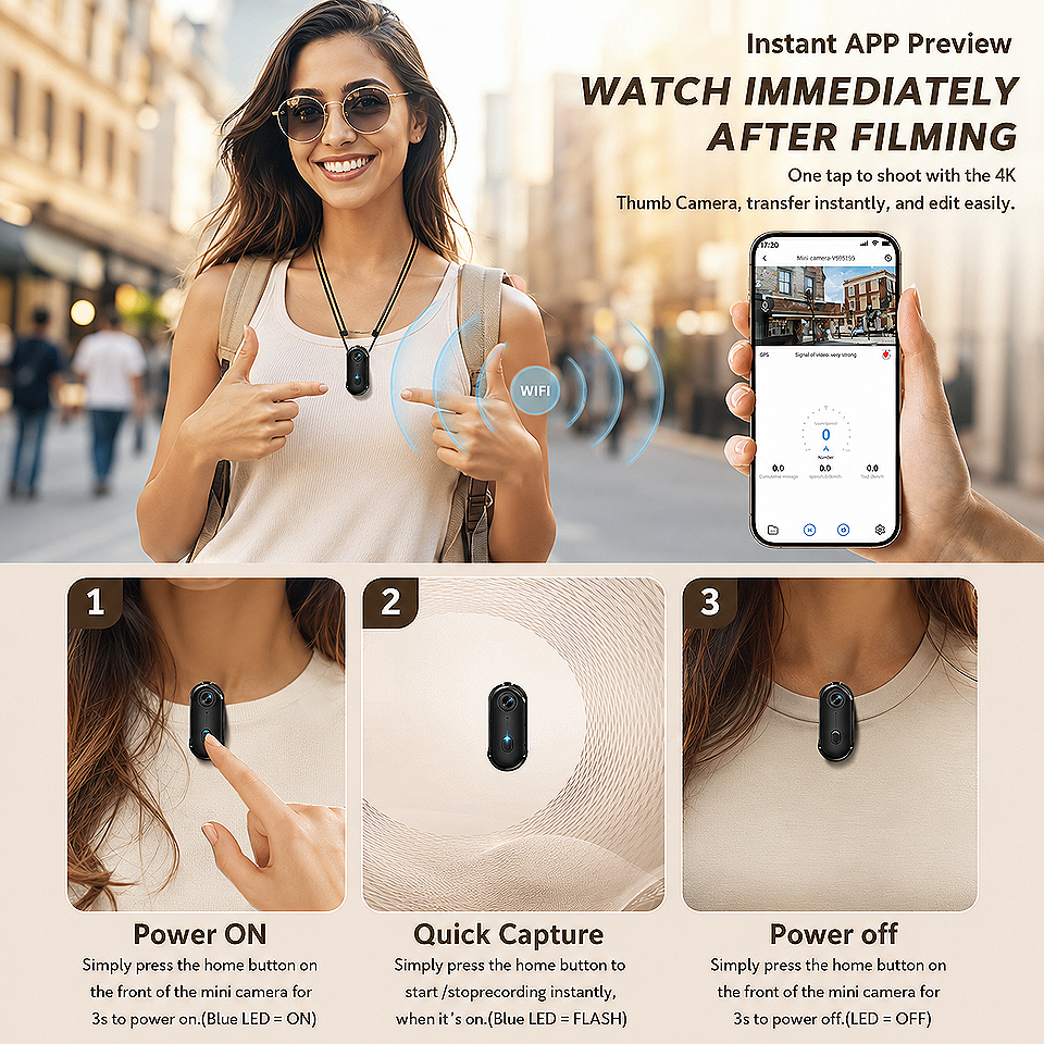 Alt: " 4K Mini WiFi Waterproof Action Camera – Wearable Body Cam product image – Acuvick " Premium 4K Mini WiFi Action Camera allowing users to watch videos immediately after filming through wireless playback and mobile device connection.