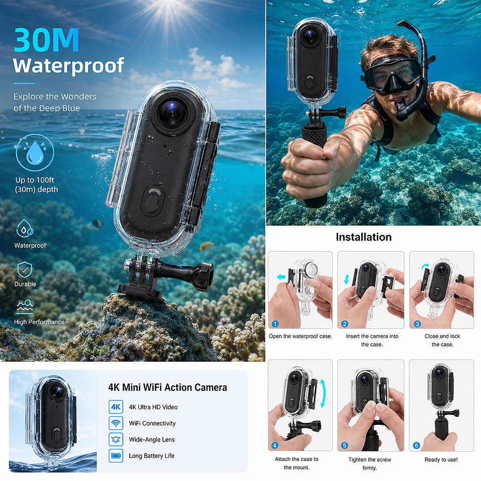 Alt: " 4K Mini WiFi Waterproof Action Camera – Wearable Body Cam product image – Acuvick " Premium 4K Mini WiFi Action Camera with waterproof installation, securely mounted for underwater activities, water sports, and outdoor adventures.