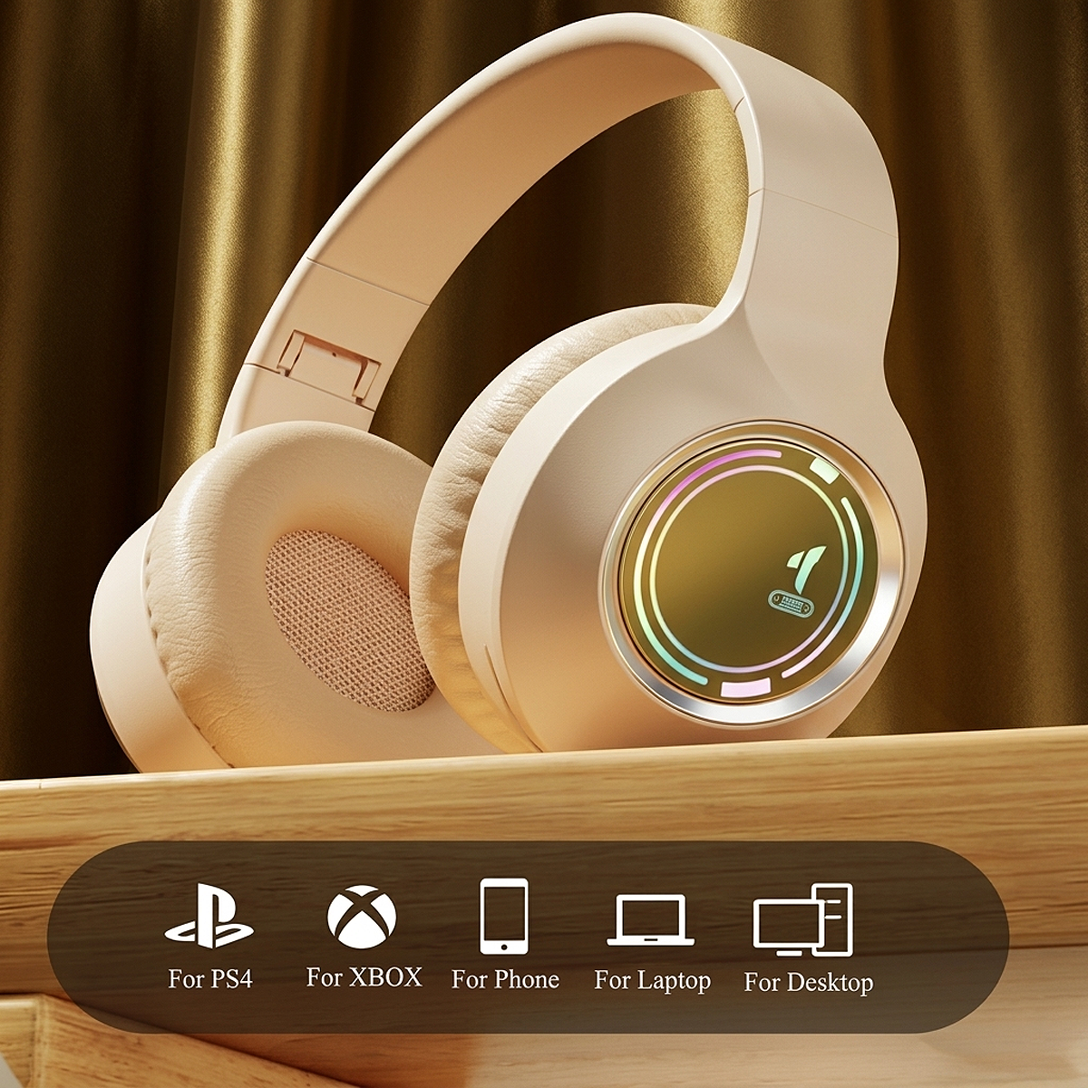 Premium Bluetooth 5.3 RGB wireless gaming headphones compatible with smartphones, tablets, laptops, desktop computers, smart TVs, and supported gaming consoles.