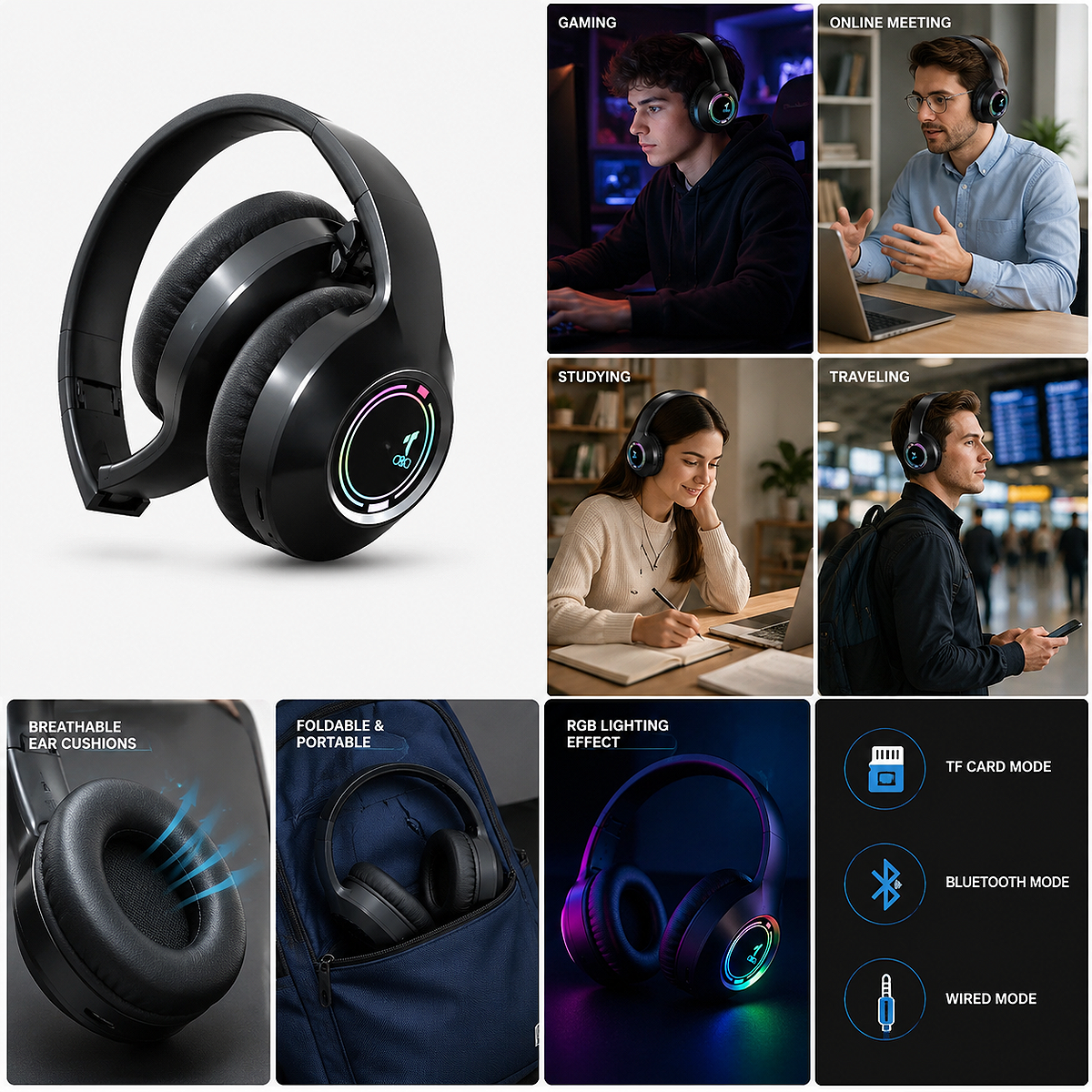 Premium Bluetooth 5.3 RGB wireless gaming headphones compatible with smartphones, tablets, laptops, desktop PCs, gaming consoles, and other supported audio devices.