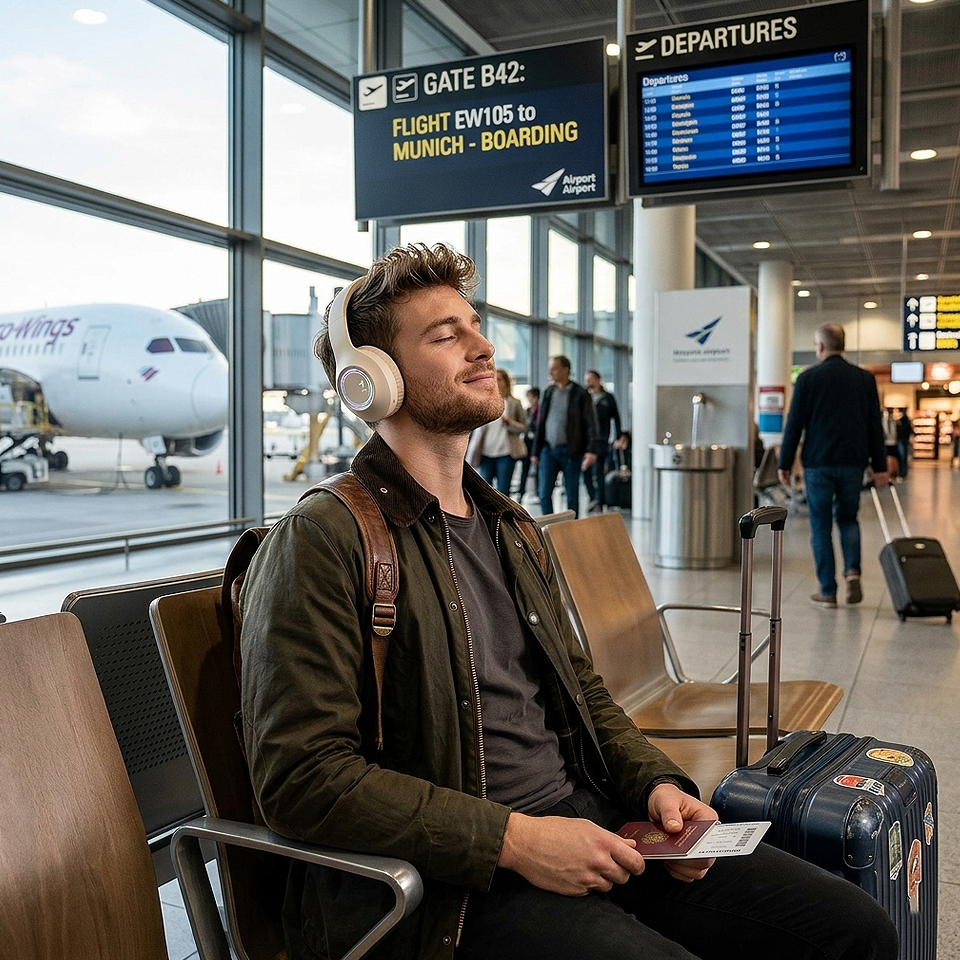 Traveler wearing Premium Bluetooth 5.3 RGB wireless gaming headphones at an airport with comfortable over-ear design, wireless connectivity, and immersive audio for travel.
