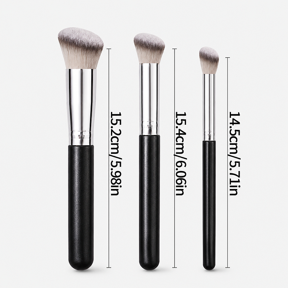Measurement size guide for the Premium Foundation & Concealer Makeup Brush Set showing brush length, brush head dimensions, handle measurements, and product specifications to help choose the correct makeup brush size.