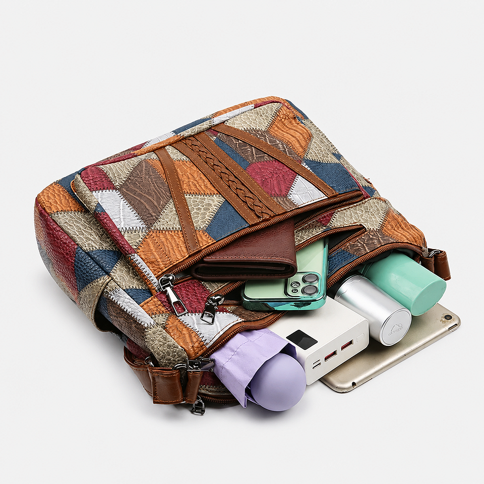 Premium geometric crossbody shoulder bag for women with spacious storage for everyday essentials, featuring lightweight PU leather construction and an adjustable shoulder strap.