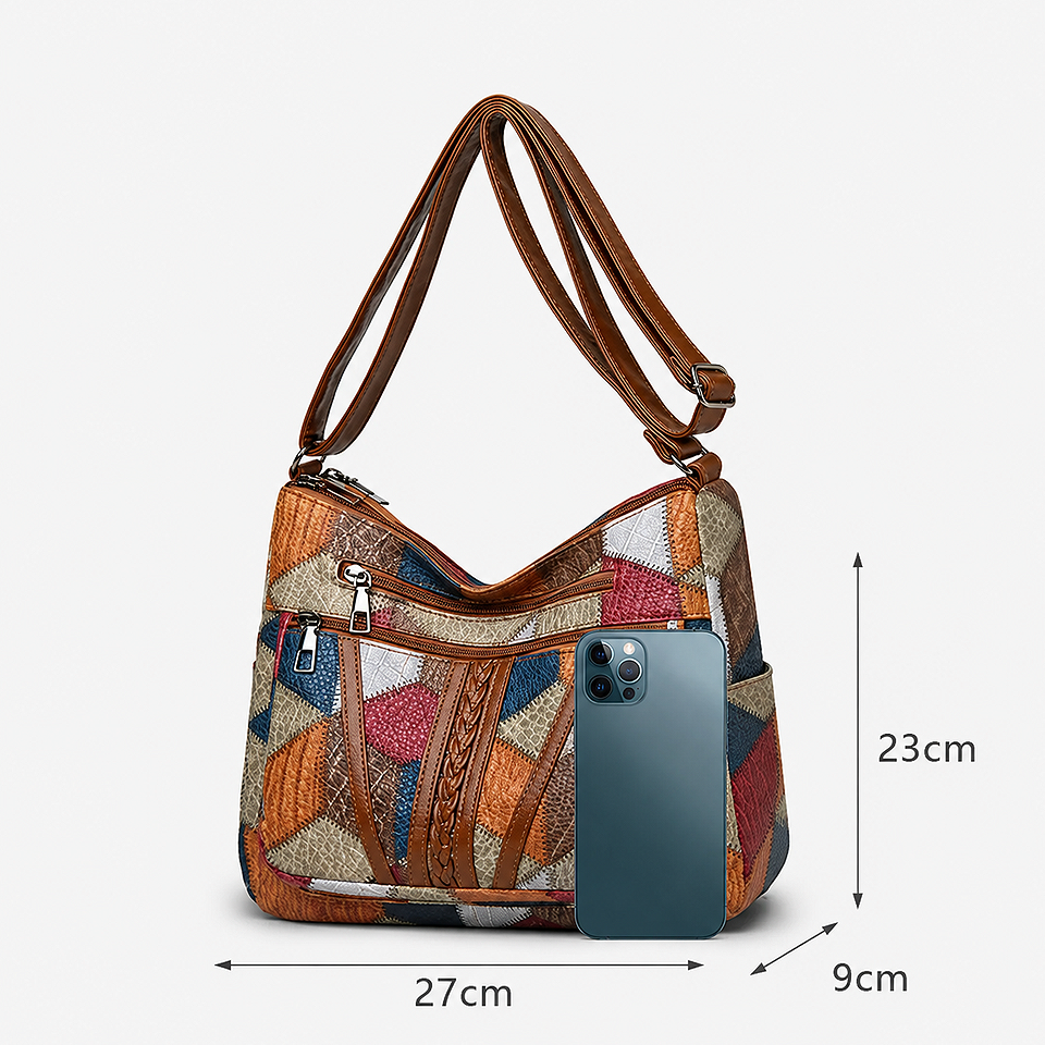 Measurement size diagram of the Premium Geometric Crossbody Shoulder Bag for Women showing the bag's dimensions, width, height, depth, and adjustable shoulder strap length.