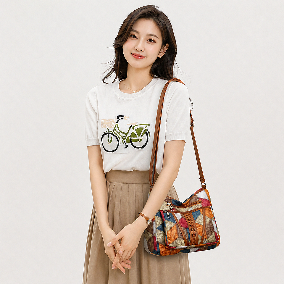 Premium geometric crossbody shoulder bag for women designed as a lightweight travel bag with an adjustable shoulder strap, spacious storage, and durable PU leather construction.