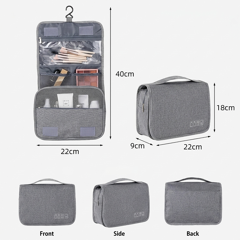 Measurement size guide of the Premium Hanging Toiletry Bag Travel Cosmetic Organizer for families, showing product dimensions and spacious storage capacity for travel essentials.