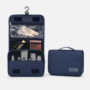 Premium foldable hanging toiletry bag with waterproof Oxford fabric, multiple storage compartments and built-in hanging hook for travel and business.