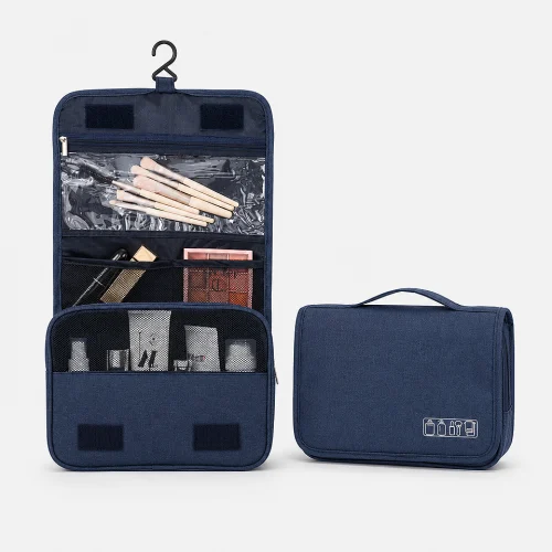 Premium foldable hanging toiletry bag with waterproof Oxford fabric, multiple storage compartments and built-in hanging hook for travel and business.