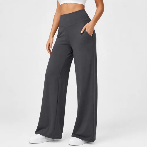 Premium high waist wide leg yoga pants for women with side pockets in black