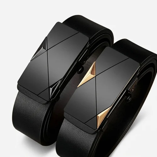 Premium men's automatic buckle PU leather belt in gunmetal finish for business and casual wear.