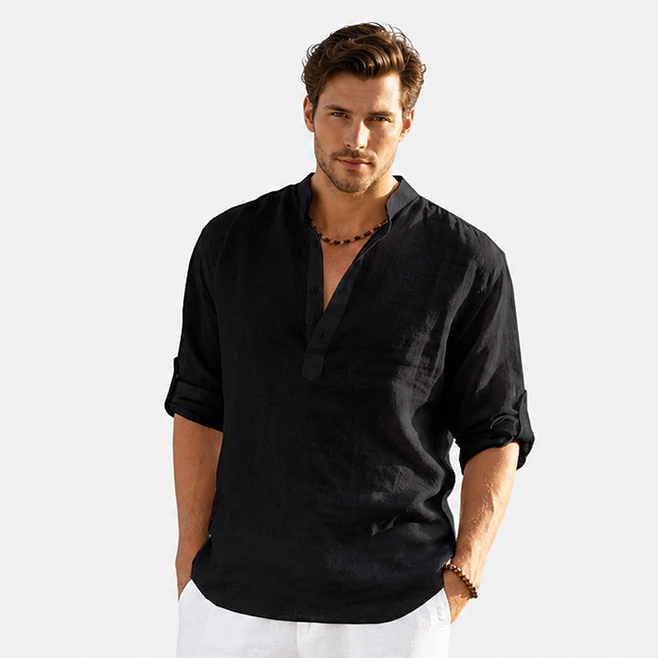Alt: " Premium Men's Cotton Linen Long Sleeve Casual Shirt – Breathable Loose Fit product image – Acuvick " Premium men's cotton linen long sleeve casual shirt in black color with a breathable loose fit design for stylish and comfortable everyday wear.