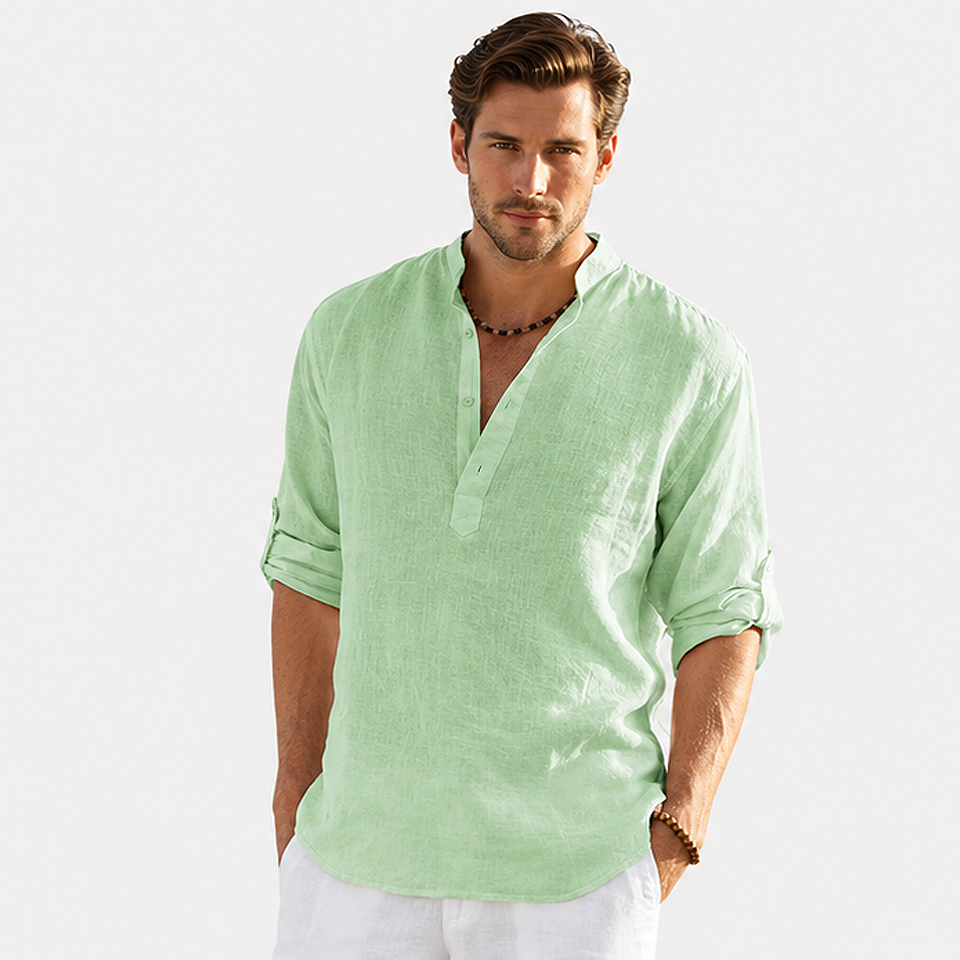 Alt: " Premium Men's Cotton Linen Long Sleeve Casual Shirt – Breathable Loose Fit product image – Acuvick " Premium men's cotton linen long sleeve casual shirt in green color with a breathable loose fit design for comfortable everyday wear and relaxed styling.