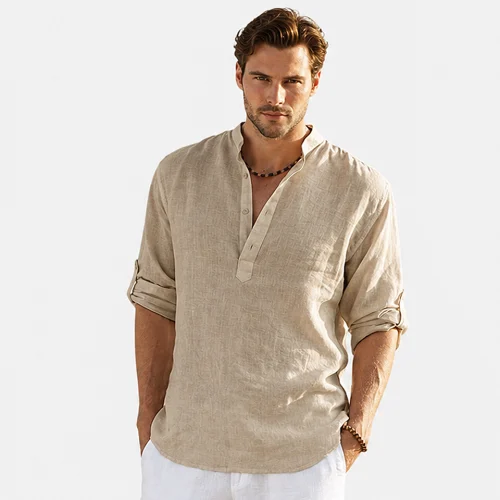 Alt: " Home product image – Acuvick " Premium men's cotton linen long sleeve casual shirt in khaki color with a breathable loose fit design for comfortable everyday wear and relaxed style.