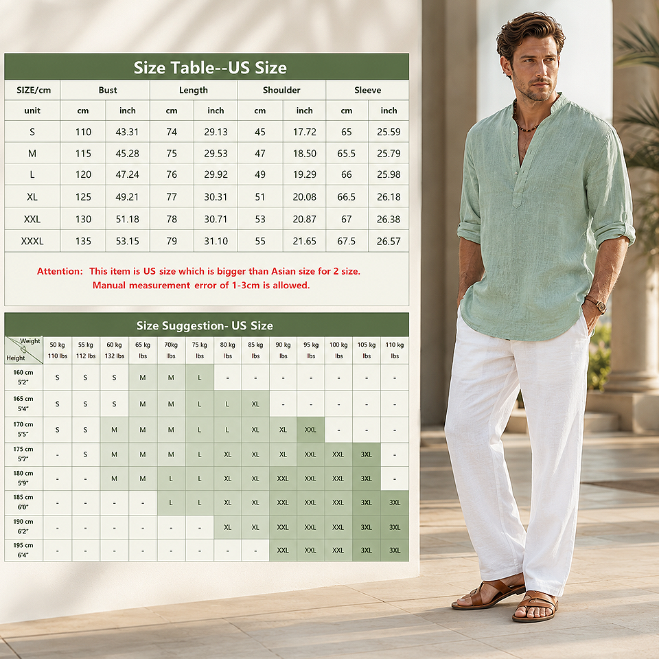 Alt: " Premium Men's Cotton Linen Long Sleeve Casual Shirt – Breathable Loose Fit product image – Acuvick " Premium men's cotton linen long sleeve casual shirt measurement size guide showing dimensions for selecting the correct loose fit size.