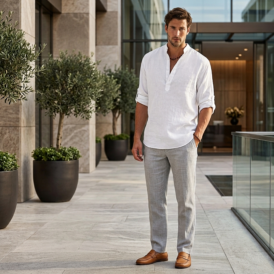 Alt: " Premium Men's Cotton Linen Long Sleeve Casual Shirt – Breathable Loose Fit product image – Acuvick " Premium men's white cotton linen long sleeve casual shirt with a breathable loose fit, suitable for office, business casual, meetings, and everyday professional wear.