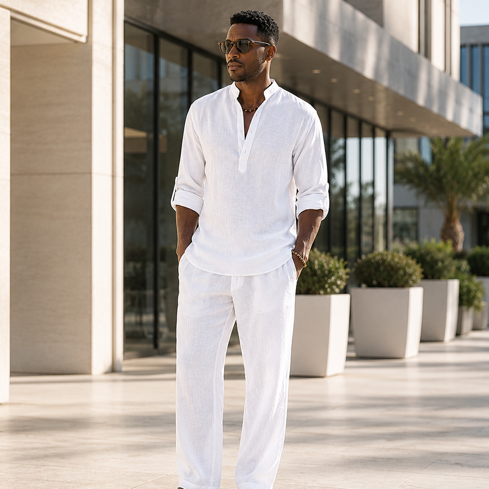 Alt: " Premium Men's Cotton Linen Long Sleeve Casual Shirt – Breathable Loose Fit product image – Acuvick " Premium men's white cotton linen long sleeve casual shirt with a breathable loose fit, ideal for tropical vacations, beach holidays, resort wear, and warm-weather travel.