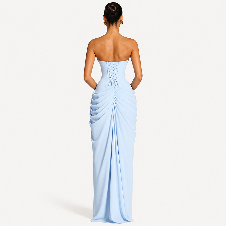 Back view of the Premium Strapless Mesh Evening Maxi Dress in blue featuring a strapless neckline, elegant flowing maxi silhouette, lightweight breathable mesh fabric, and graceful rear design for formal occasions.