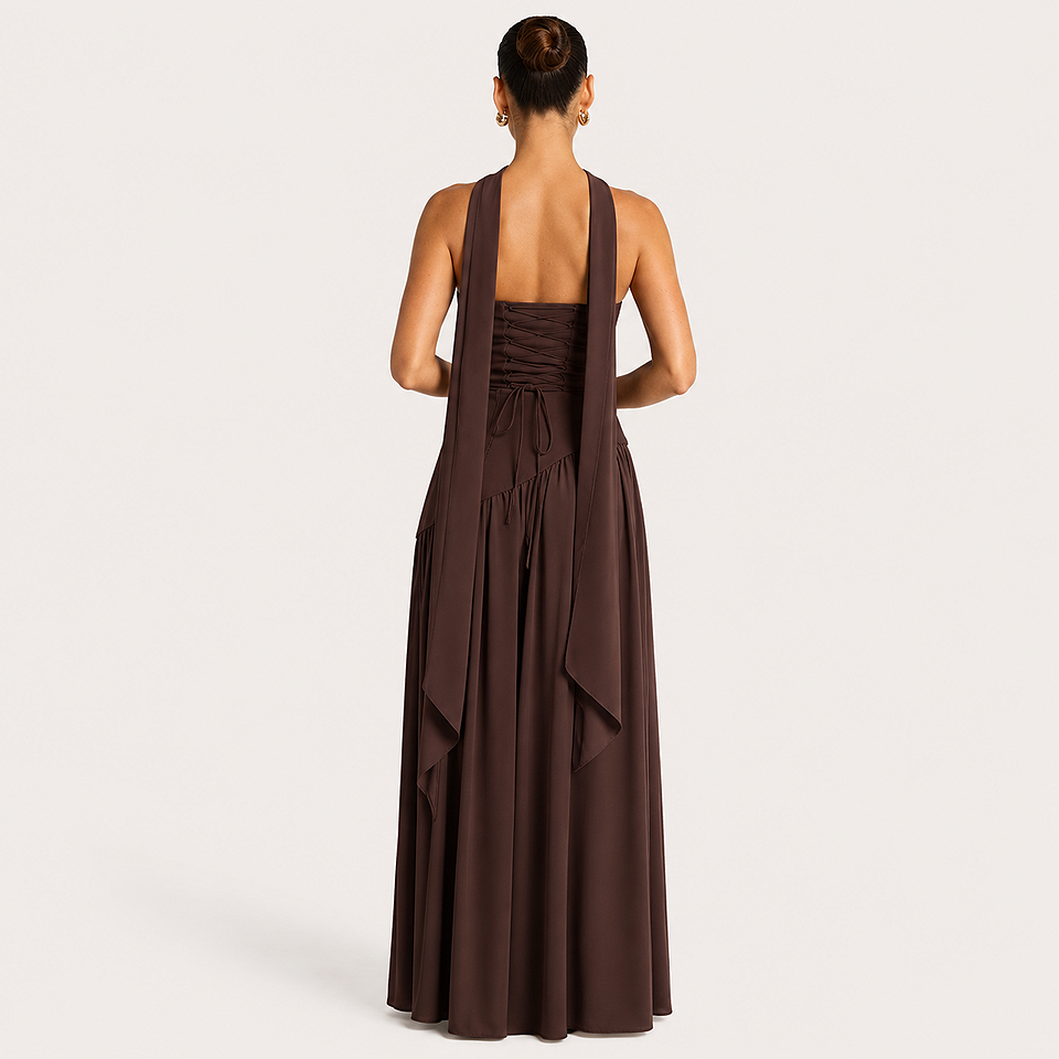 Back view of the Premium Strapless Mesh Evening Maxi Dress in dark brown featuring a strapless neckline, elegant flowing maxi silhouette, breathable mesh fabric, and graceful rear design for weddings, evening parties, and formal occasions.
