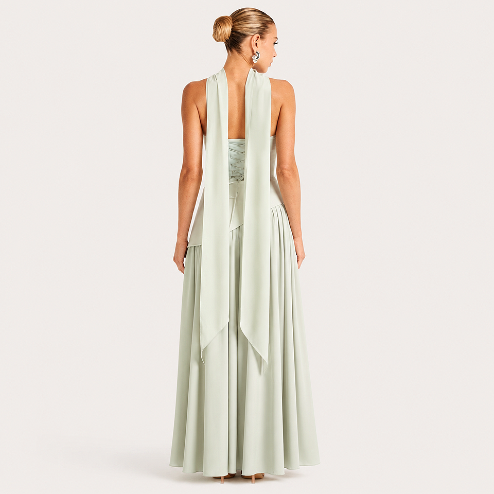 Back view of the Premium Strapless Mesh Evening Maxi Dress in green featuring a strapless neckline, elegant flowing maxi silhouette, breathable mesh fabric, and graceful rear design for weddings, evening parties, and formal occasions.