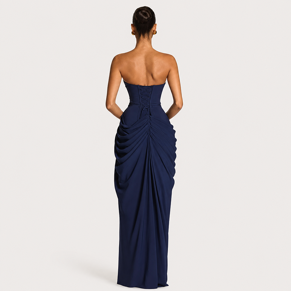 Back view of the Premium Strapless Mesh Evening Maxi Dress in navy featuring a graceful strapless design, flowing maxi silhouette, breathable mesh fabric, and elegant rear detail for formal occasions.