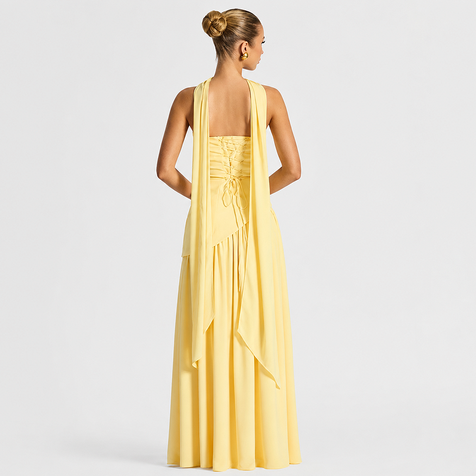 Back view of the Premium Strapless Mesh Evening Maxi Dress in yellow featuring a flowing maxi silhouette, elegant strapless design, breathable mesh fabric, and graceful rear detail for formal occasions.