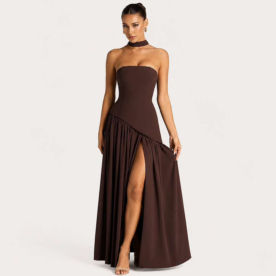 Front view of the Premium Strapless Mesh Evening Maxi Dress in dark brown featuring a strapless neckline, breathable mesh fabric, elegant flowing maxi silhouette, and flattering fit for weddings, evening parties, and formal occasions.