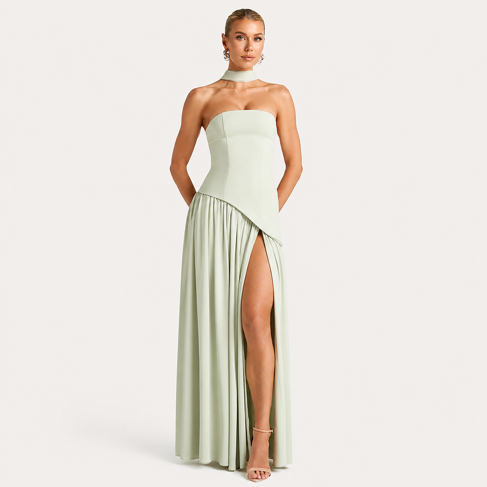 Front view of the Premium Strapless Mesh Evening Maxi Dress in green featuring a strapless neckline, breathable mesh fabric, elegant flowing maxi silhouette, and flattering fit for weddings, evening parties, and formal occasions.
