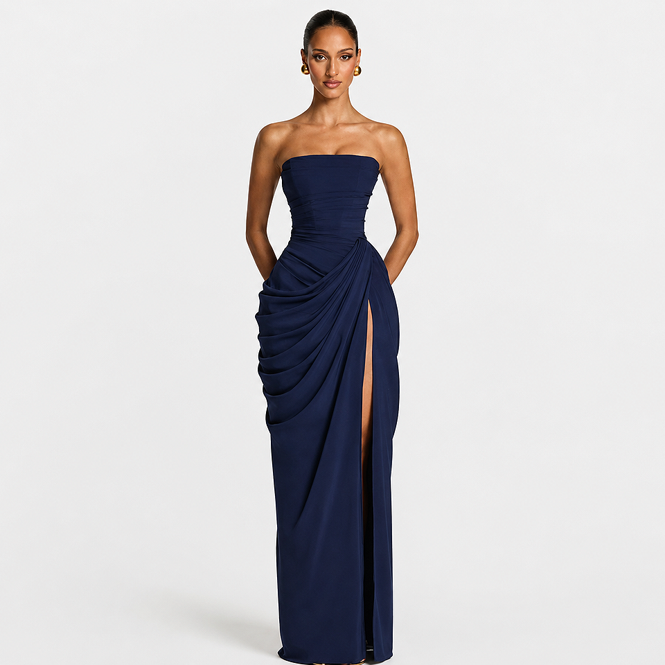 Front view of the Premium Strapless Mesh Evening Maxi Dress in navy featuring a strapless neckline, elegant flowing maxi silhouette, lightweight breathable mesh fabric, and timeless formal style for women.