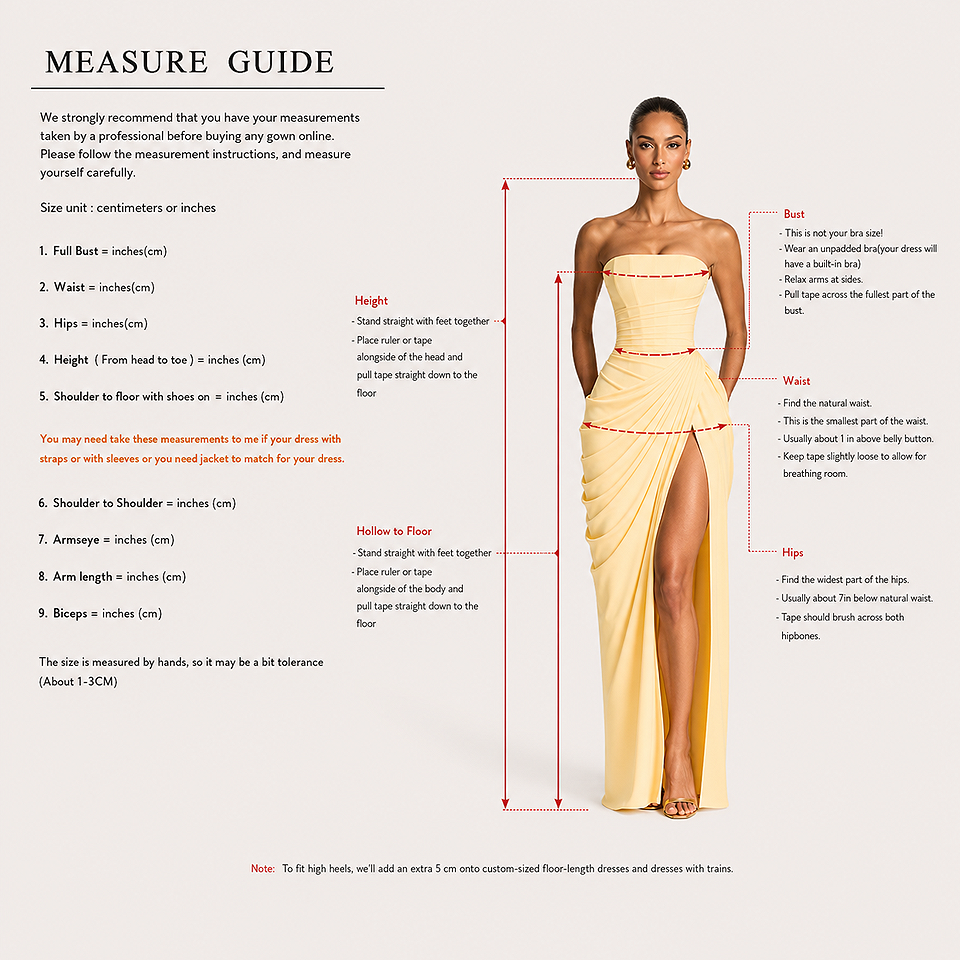 Measurement size guide for the Premium Strapless Mesh Evening Maxi Dress showing bust, waist, hip, and dress length dimensions to help women choose the correct size for a comfortable and flattering fit.