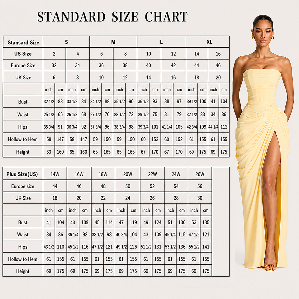 Standard size chart for the Premium Strapless Mesh Evening Maxi Dress showing bust, waist, hip, and dress length measurements to help women choose the correct size for a comfortable and flattering fit.