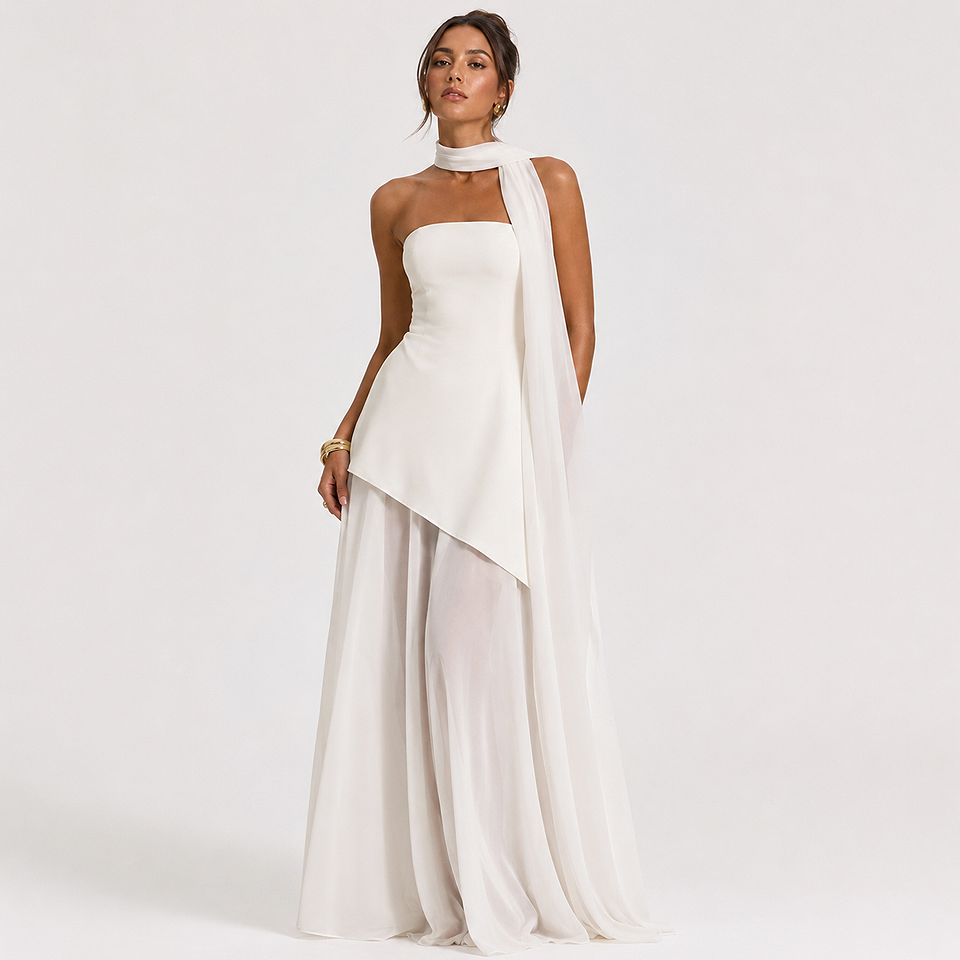 Premium Strapless Mesh Evening Maxi Dress in white for women featuring a strapless neckline, lightweight breathable mesh fabric, elegant flowing maxi silhouette, and timeless style for weddings, evening parties, and formal occasions.