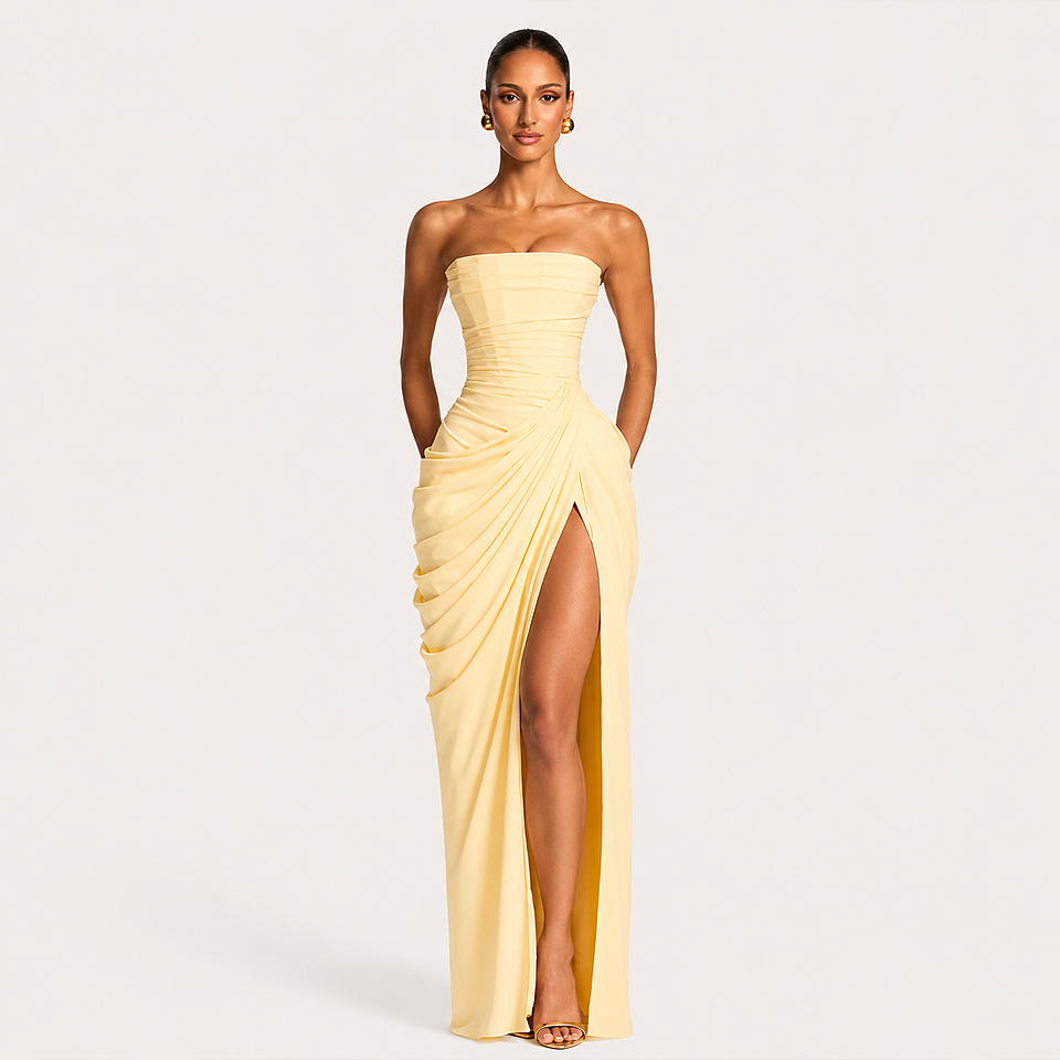 Premium Strapless Mesh Evening Maxi Dress in Yellow 2 colour for women featuring a strapless neckline, lightweight breathable mesh fabric, elegant flowing maxi silhouette, and sophisticated style for weddings, parties, and formal occasions.