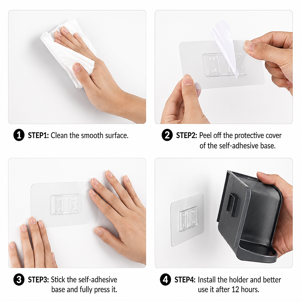 Installation steps for the Premium Wall Mounted Hair Dryer Holder Bathroom Storage Rack showing the adhesive wall mounting process for secure, drill-free installation in bathrooms.