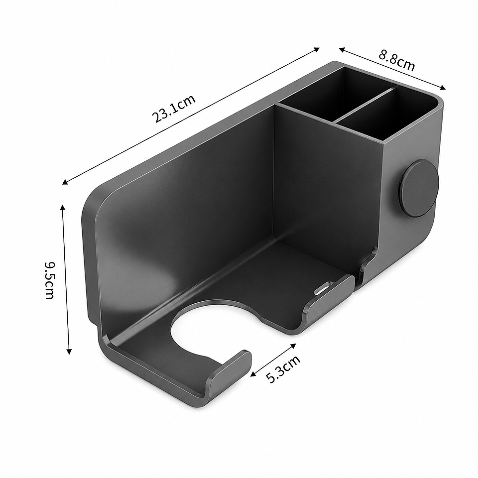 Measurement size diagram of the Premium Wall Mounted Hair Dryer Holder Bathroom Storage Rack showing product dimensions for accurate installation and bathroom space planning.