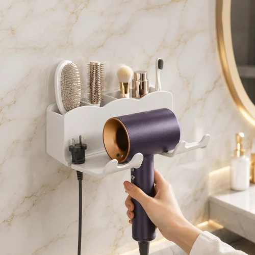 Alt: " Home product image – Acuvick " Premium wall mounted hair dryer holder bathroom storage rack with a waterproof and moisture-resistant design, ideal for organizing hair dryers and bathroom accessories in humid environments.
