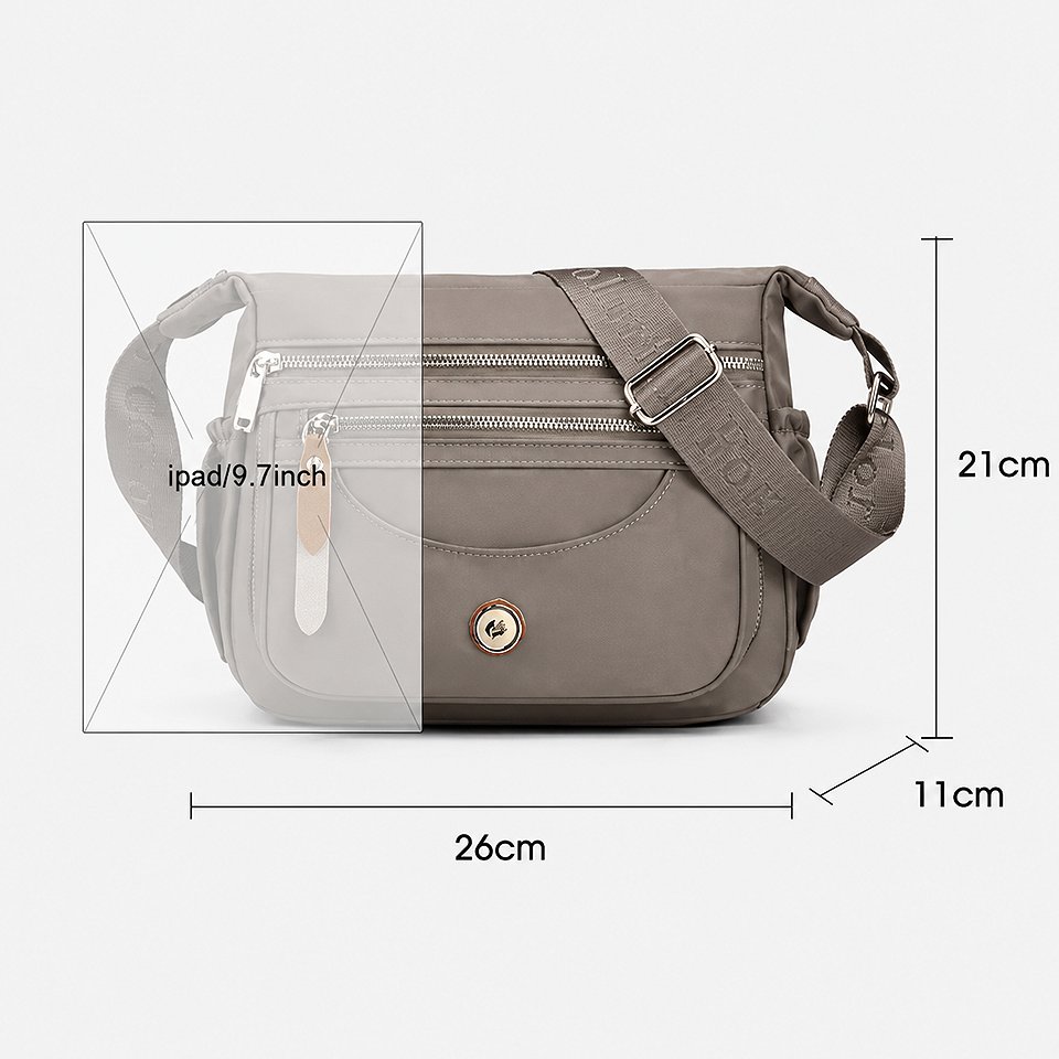 Measurement size diagram of the Premium Waterproof Nylon Crossbody Messenger Bag in black showing the product dimensions for accurate size reference, everyday use, and travel planning.