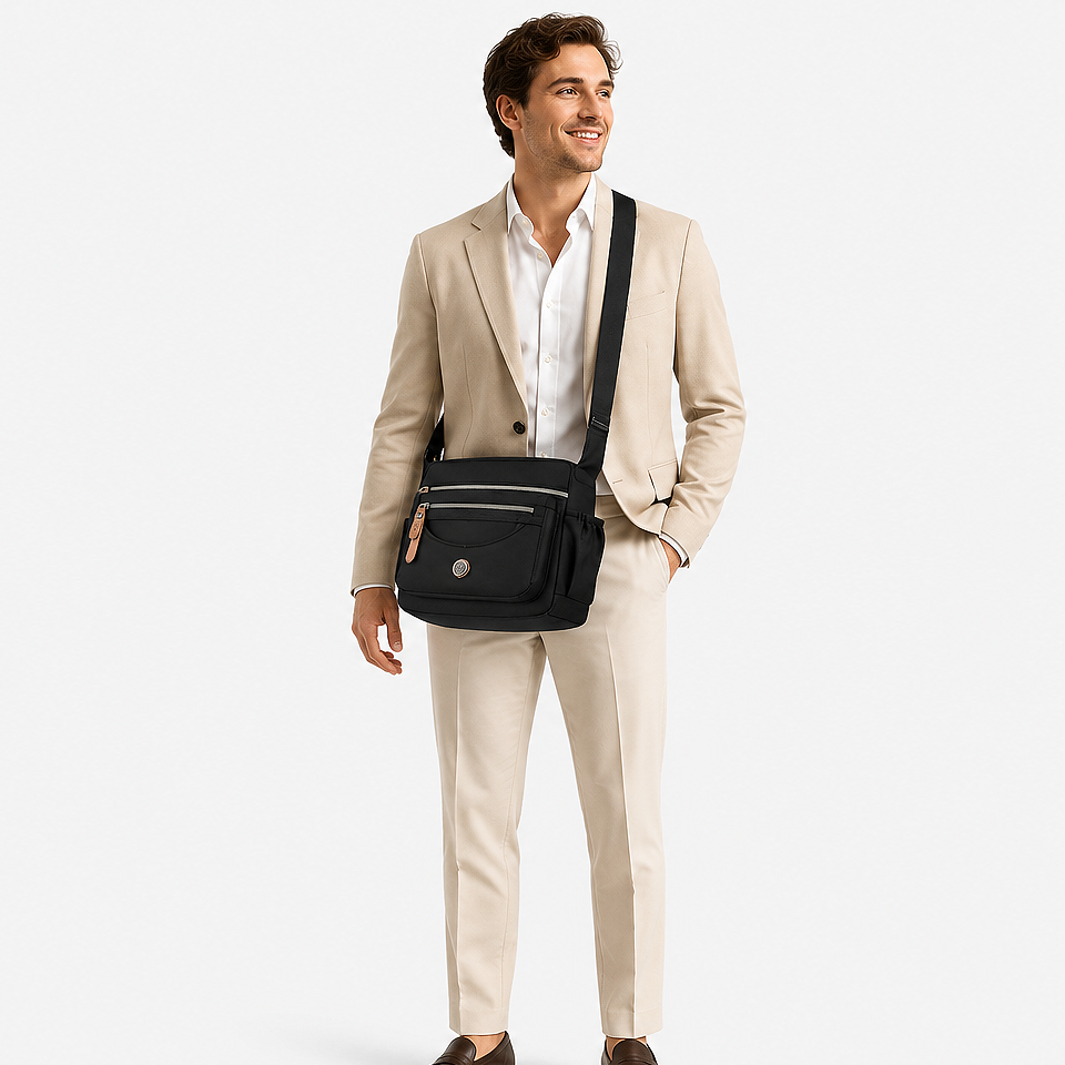Premium waterproof nylon crossbody messenger bag in black used as a travel bag, featuring multiple zippered compartments, an adjustable shoulder strap, lightweight waterproof construction, and organized storage for travel essentials.