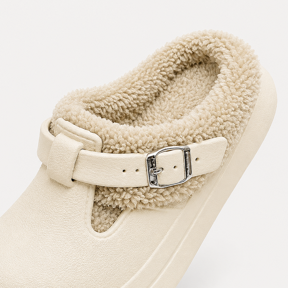 Inner face view of premium waterproof plush EVA house slippers for women showing soft fleece lining, cushioned insole, ergonomic fit, and comfortable indoor footwear design.