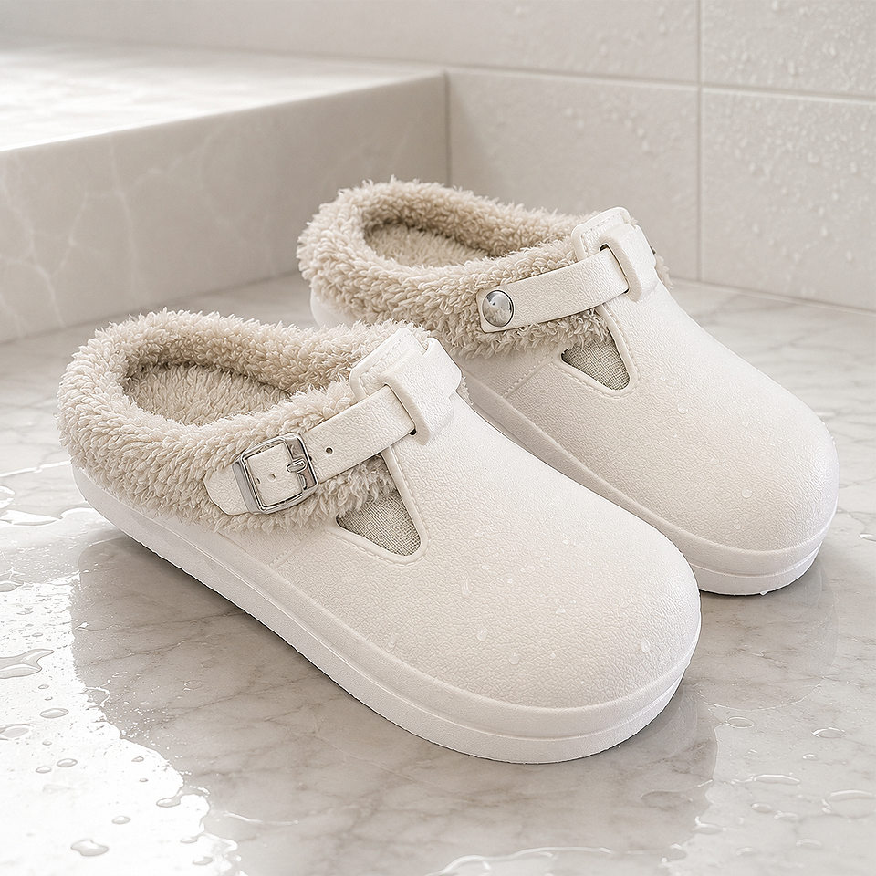 Premium white waterproof plush EVA house slippers for women in a cozy bedroom, featuring soft fleece lining, lightweight comfort, non-slip sole, and warm indoor footwear.