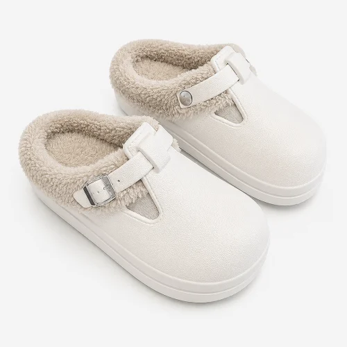 Front view of premium white waterproof plush EVA house slippers for women with soft warm lining, non-slip sole, lightweight comfort, and cozy indoor home footwear design.