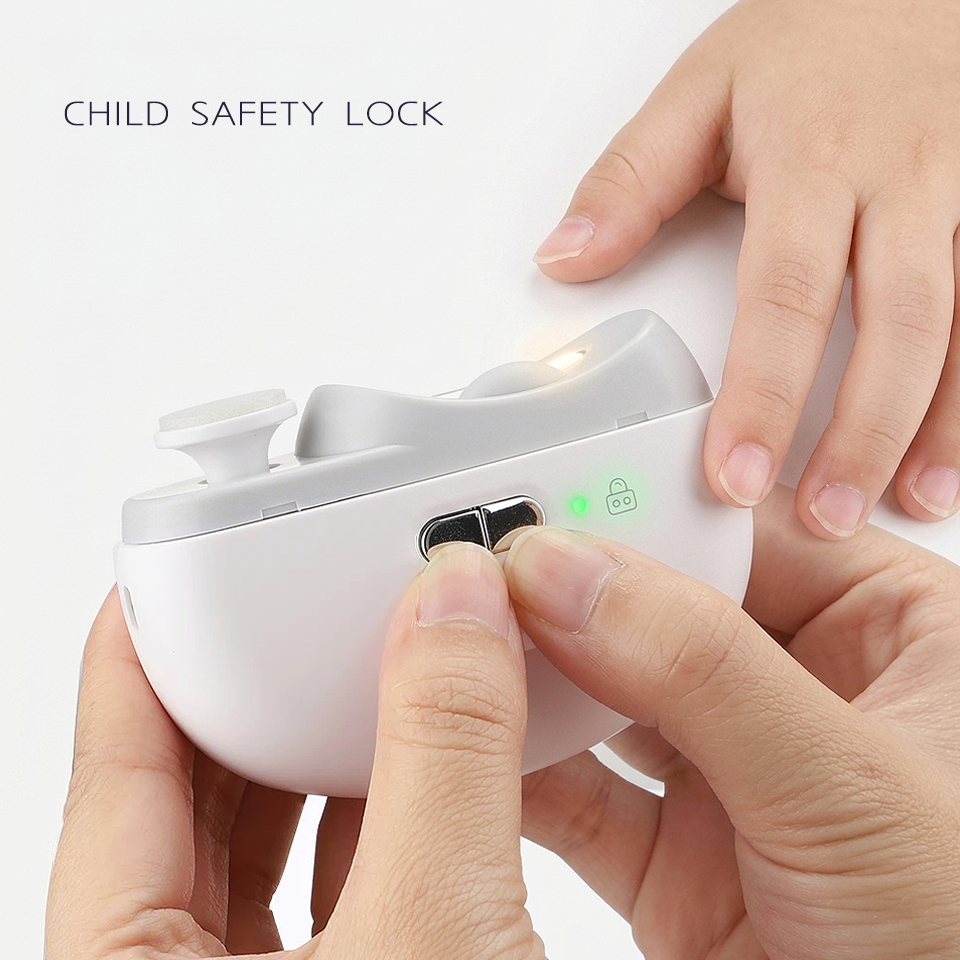 Rechargeable electric automatic nail clipper with built-in child lock safety feature for secure and safe nail trimming for children and families.