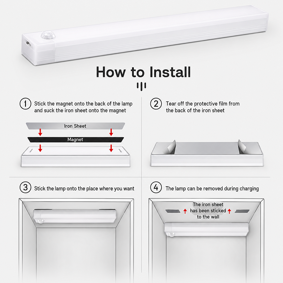 Installation process of the Rechargeable Motion Sensor LED Cabinet Light showing wireless magnetic mounting, adhesive base installation, and easy tool-free setup for cabinets, wardrobes, and kitchens.
