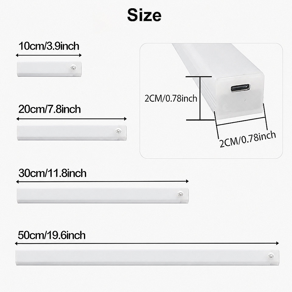Product size and dimensions of the Rechargeable Motion Sensor LED Cabinet Light showing the length, width, thickness, and compact design for cabinet, wardrobe, and under-cabinet installation.