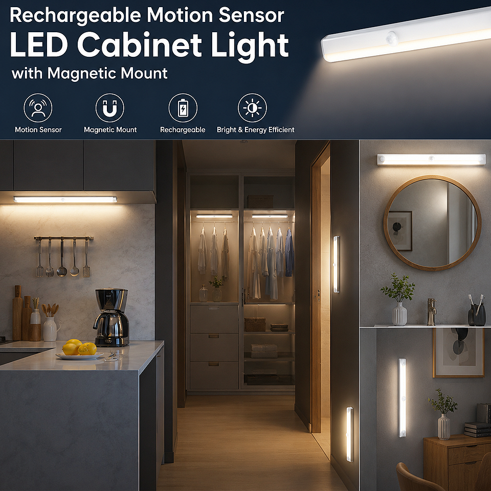 Rechargeable Motion Sensor LED Cabinet Light with USB rechargeable battery, automatic motion sensing, wireless magnetic installation, and energy-efficient LED illumination for cabinets, wardrobes, closets, and kitchens.