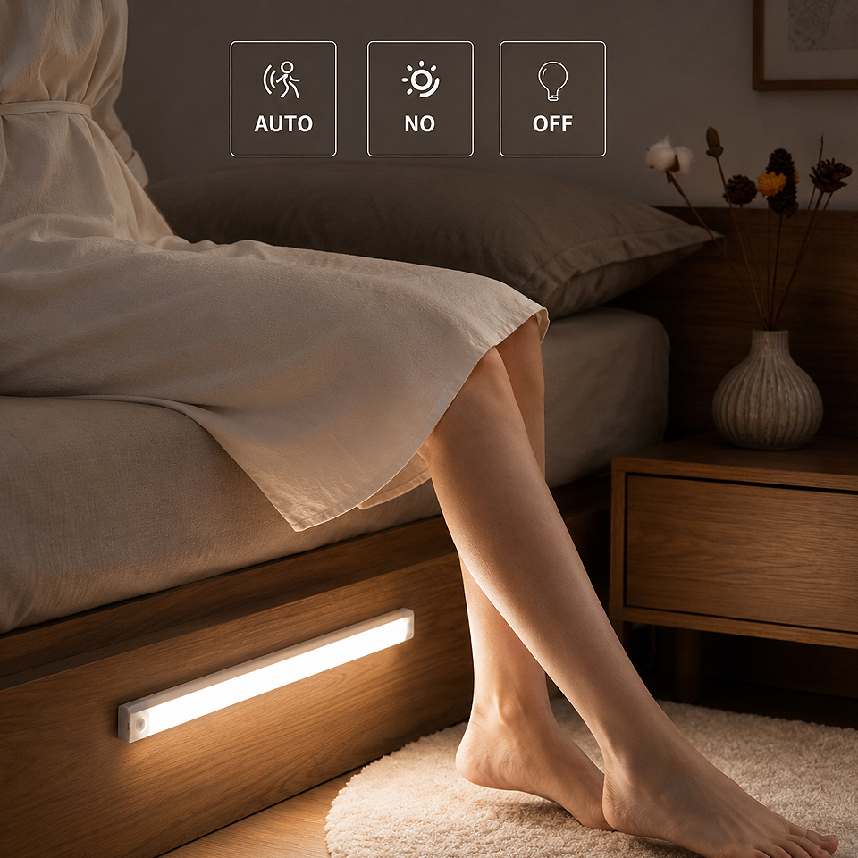 Rechargeable Motion Sensor LED Cabinet Light providing safe nighttime illumination with automatic motion detection for hallways, bedrooms, staircases, closets, and home interiors.