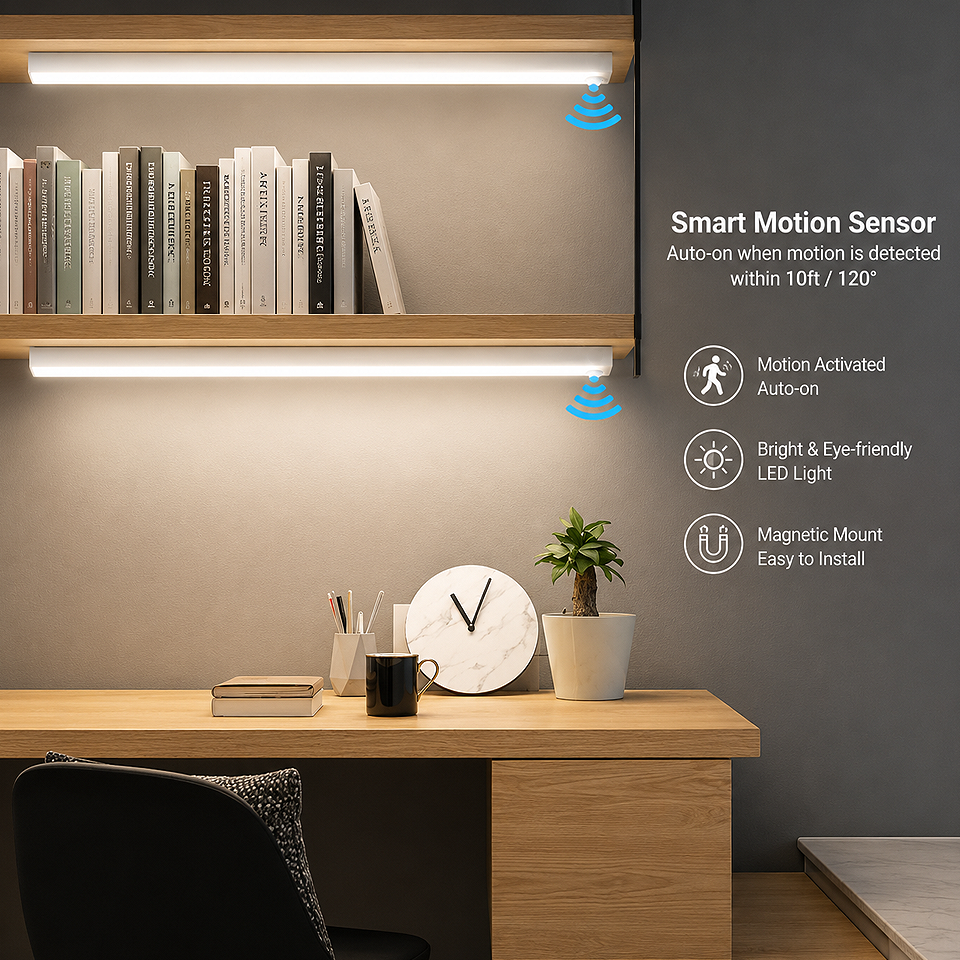 Rechargeable Motion Sensor LED Cabinet Light for smart home accessories, featuring USB rechargeable power, automatic motion sensing, wireless magnetic installation, and energy-efficient LED lighting for modern homes.