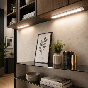 Rechargeable Motion Sensor LED Cabinet Light installed under a kitchen cabinet, providing automatic motion-activated LED lighting with USB rechargeable power and wireless magnetic mounting.