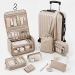 Travel toiletry bags with hanging compartments cosmetic organizers and travel bottles